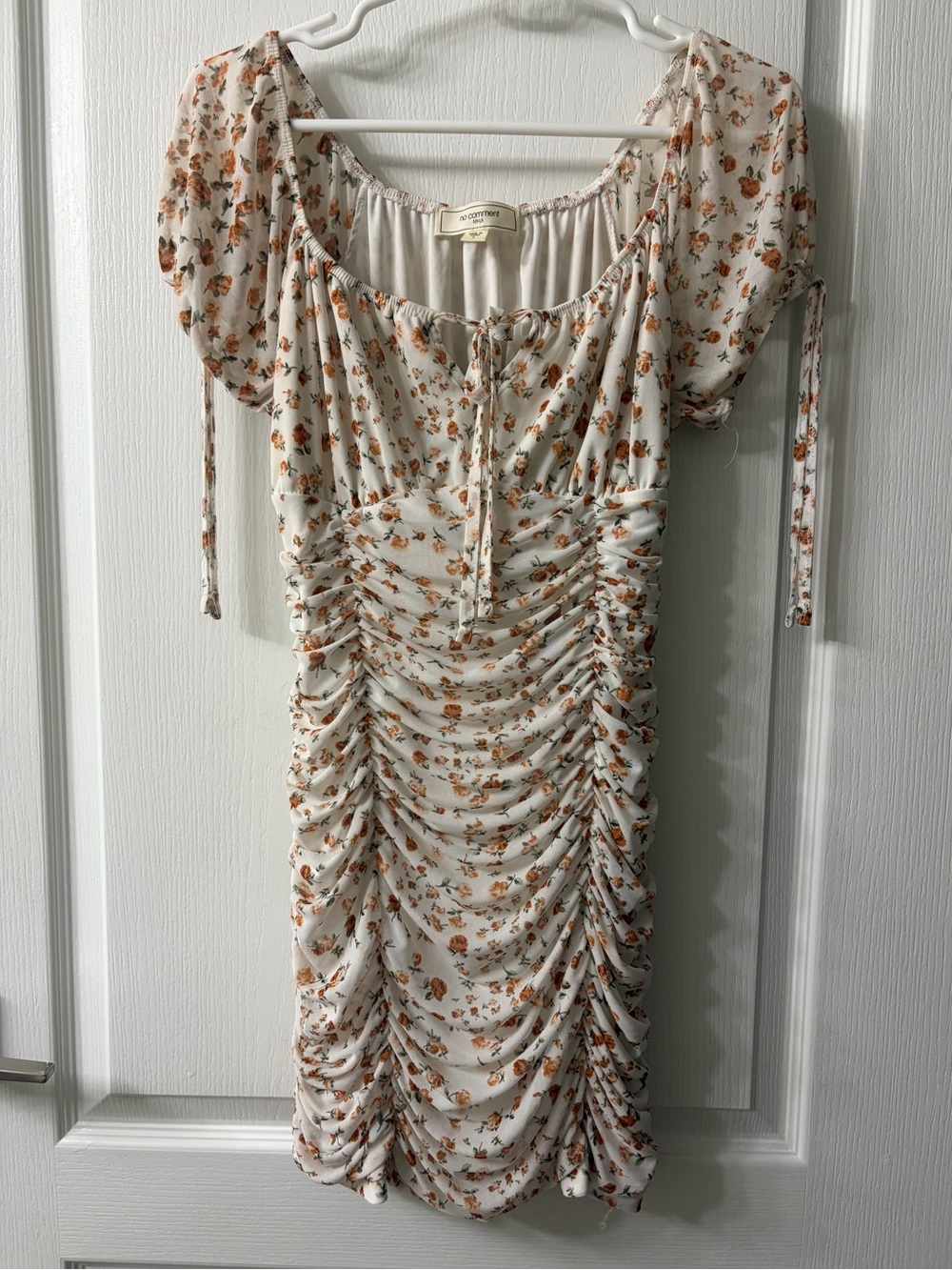 No Comment Ruched Floral Midi Dress in Cream and Orange